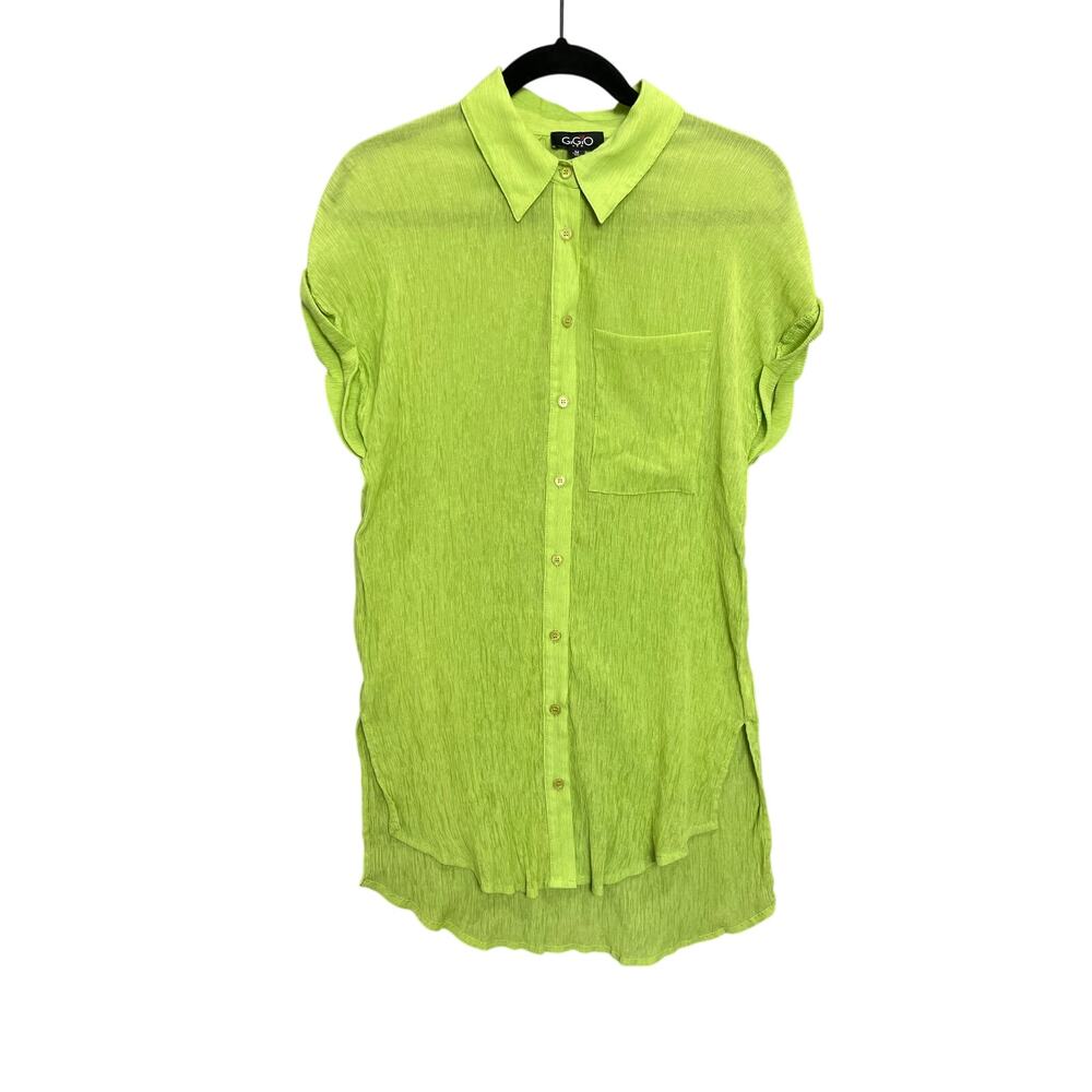 GiGio Bright Lime Green Oversized Button Up Tunic Shirt Size Medium Casual‎ Chic